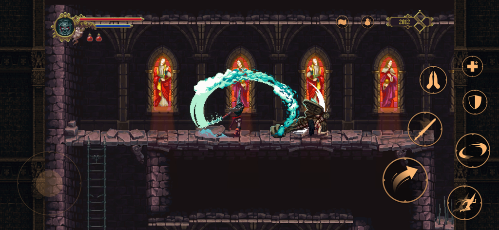 El Plegario realizando un ataque con espada en una oscura catedral gótica