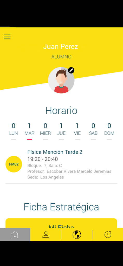 Preu PDV - Student profile and weekly class schedule interface in the Preu PDV app