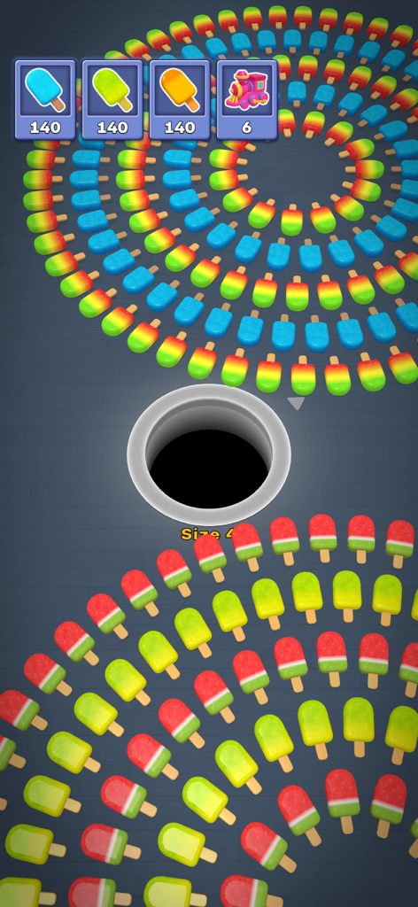 Hole It 3D - A black hole surrounded by circles of colorful popsicles in the Hole It 3D mobile game