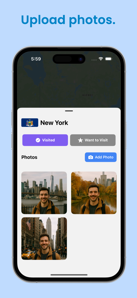 USA States - Map Tracker - Interface of the USA States Map Tracker app showing uploaded travel photos for New York state.