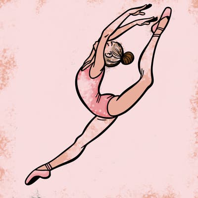 gymnast doing a leap in a leotard with a bent back leg