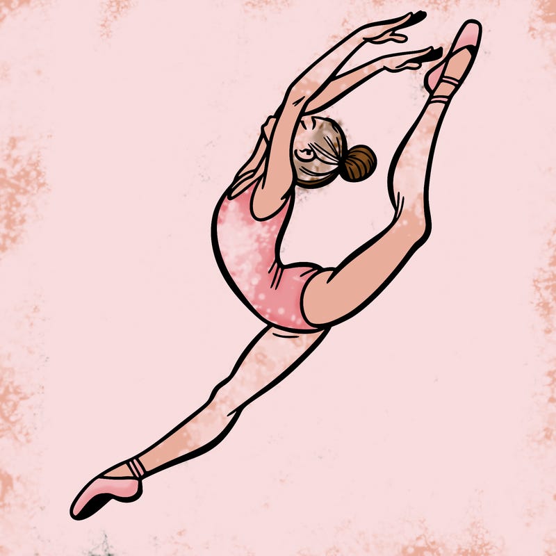gymnast doing a leap in a leotard with a bent back leg