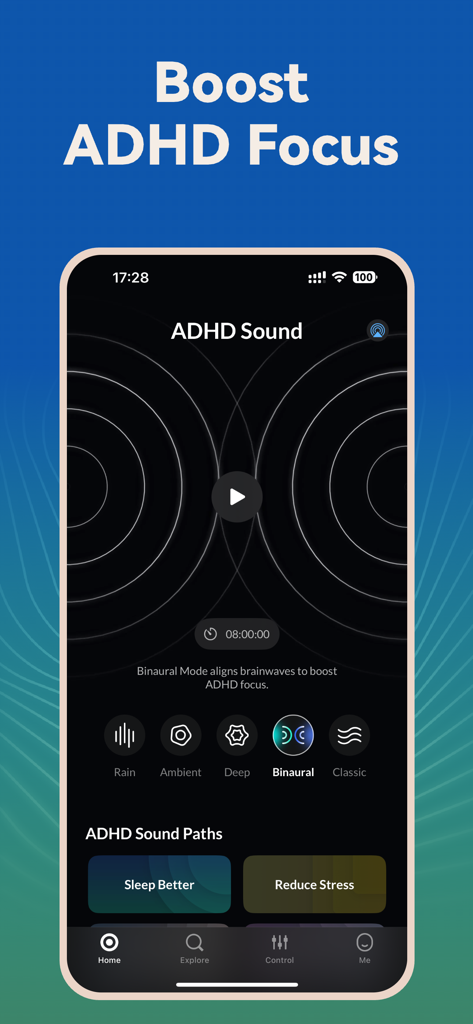 ADHD Sound App: Sleep & Focus - Smartphone screen showing the ADHD Sound App interface with binaural sound options to boost focus