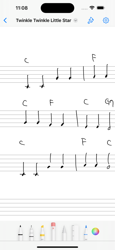Staff Notebooks - Handwritten musical score in the Staff Notebooks app with drawing tools at the bottom