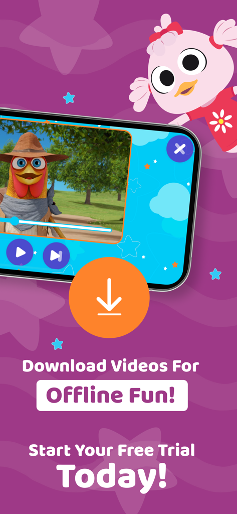 El Reino Infantil Kids App! - A promotional screen for El Reino Infantil app showing the offline video download feature with characters like Bartolito the chicken.