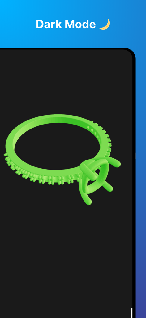 3D File Viewer: OBJ STP & more - 緑色の3Dリングモデルがアプリのダークモードインターフェースに表示されています