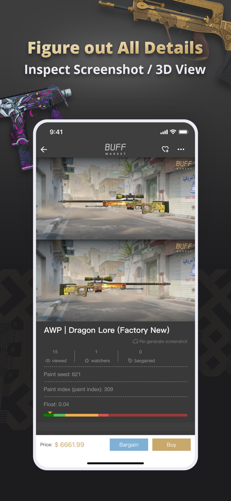 Uma interface móvel para o aplicativo BUFF Market exibindo visualizações 3D e detalhes técnicos como valor de float para uma skin de arma rara.