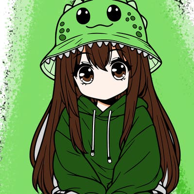 girl with anime shaped eyes with a dinosaur bucket hat oversized sweatshirt long straight hair