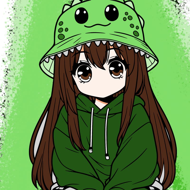 girl with anime shaped eyes with a dinosaur bucket hat oversized sweatshirt long straight hair
