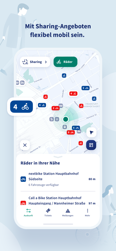 RMVgo - Mapa de la app RMVgo mostrando bicicletas compartidas disponibles cerca de la estación de Frankfurt Hauptbahnhof.