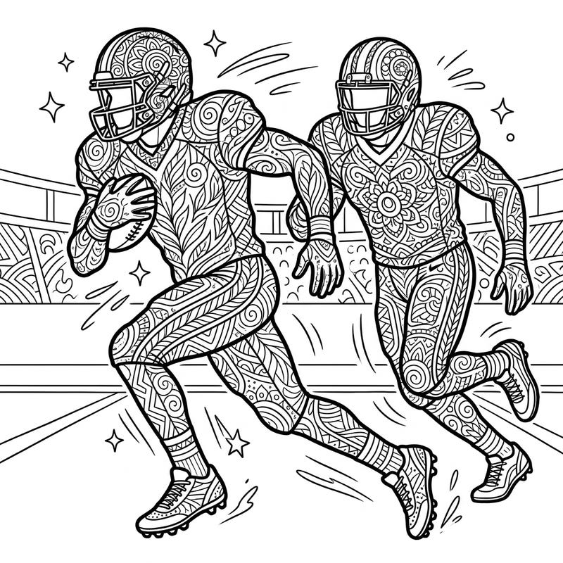 Experience the thrill of American football with this dynamic Zentangle running backs coloring page. Immerse yourself in intricate patterns and bring the action to life with your favorite colors.