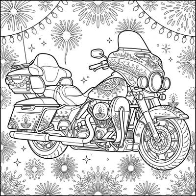Get ready to celebrate the festival of lights with this unique touring motorcycle coloring page! Adorned with beautiful Diwali decorations and surrounded by fireworks, it's a vibrant scene waiting for your creative touch.