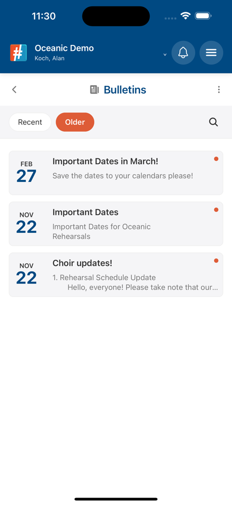Choir Genius - Schermata Bollettini nell'app Choir Genius che mostra un elenco di aggiornamenti corali e date importanti delle prove.