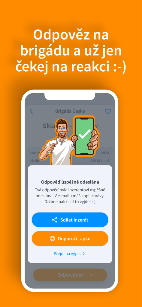 Fajn brigády - Successful job application confirmation message on Fajn brigady app screen