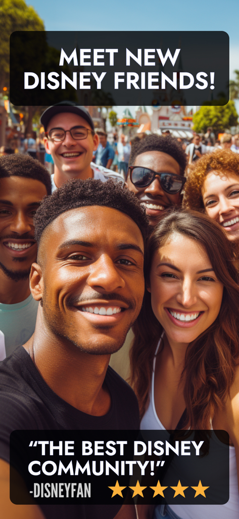 MouseWait for Disneyland - A group of smiling friends at a theme park representing the MouseWait social community