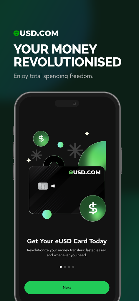 eUSD Card - Willkommensbildschirm der eUSD Card App, der eine virtuelle Debitkarte auf einem Smartphone mit dem Text Ihre Geldrevolution zeigt