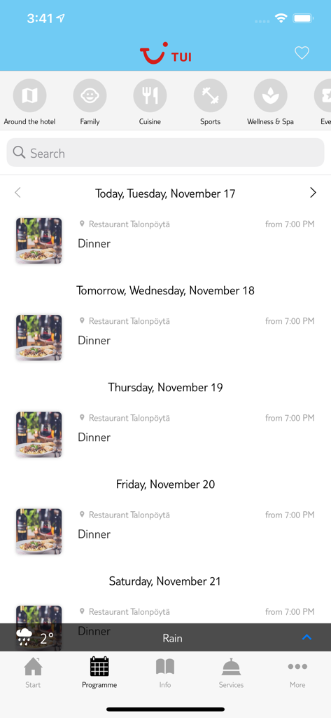 Interfaz de la aplicación TUI Santa Trips que muestra un horario de cena diario y un itinerario de vacaciones.