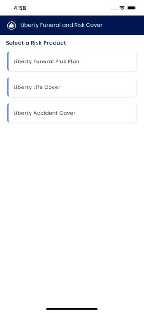 Liberty Funeral and Risk Cover - Product selection screen in the Liberty Funeral and Risk Cover app listing Funeral, Life, and Accident insurance plans