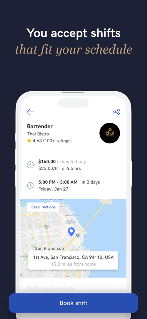 Instawork: Work when you want - Instawork mobile app screen showing a bartender job posting in San Francisco with estimated pay and shift timing