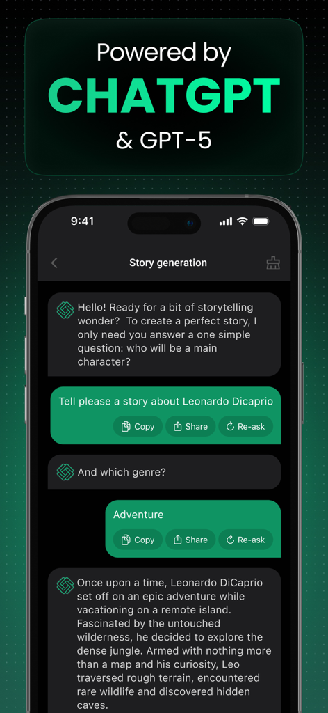 Captura de tela de smartphone mostrando o recurso de geração de histórias do aplicativo GPT AI Assistant com uma história sobre Leonardo DiCaprio