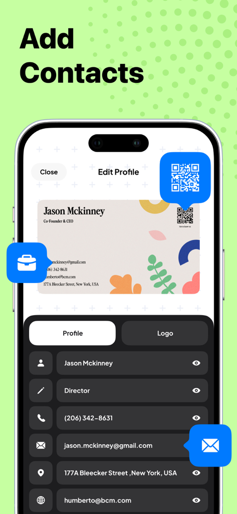 Business Card Maker· - Interface of the Business Card Maker app showing the profile editing screen where users can add contact details and a QR code.