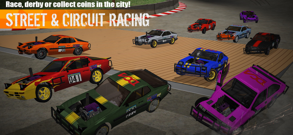 A lineup of various customized cars in the street and circuit racing mode of Demolition Derby 3
