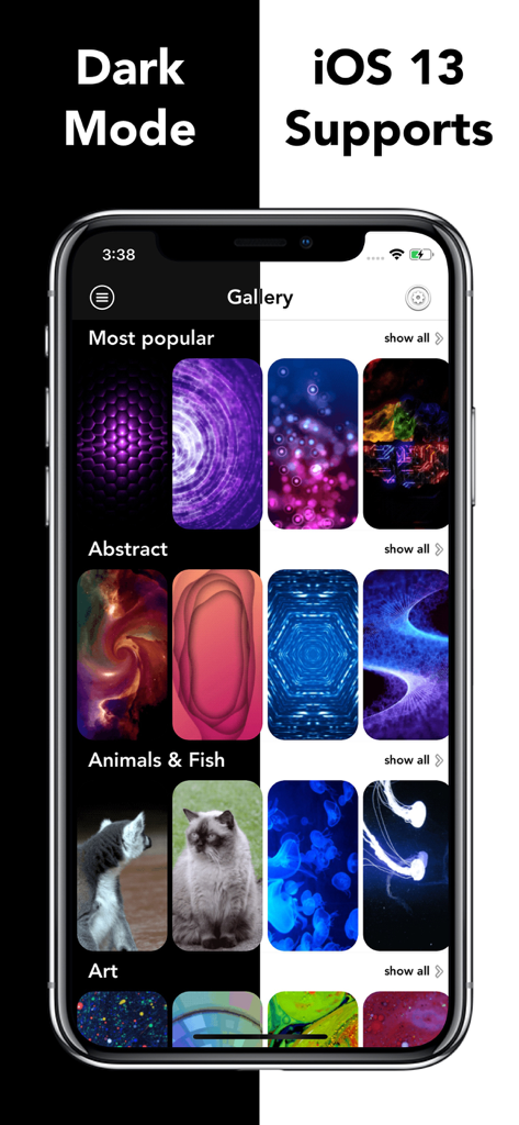 Gallery view of the Live Wallpaper for Lock Screen app showing various categories and dark mode support