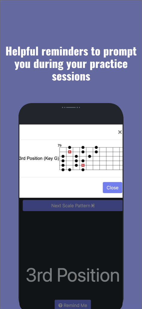 Fret Master - Screenshot dell'app Fret Master che mostra uno schema della tastiera della chitarra per i promemoria di pratica delle scale