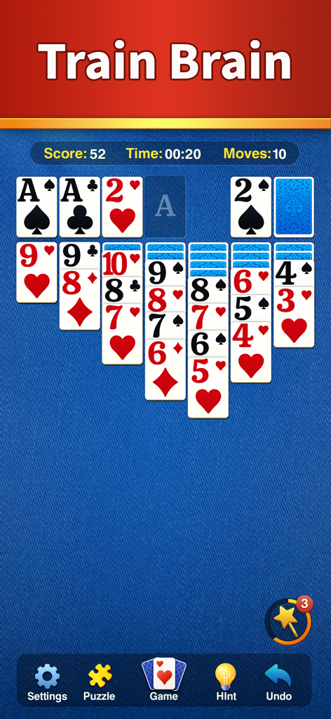 Classic solitaire card game interface with train brain title and large readable cards on a blue background