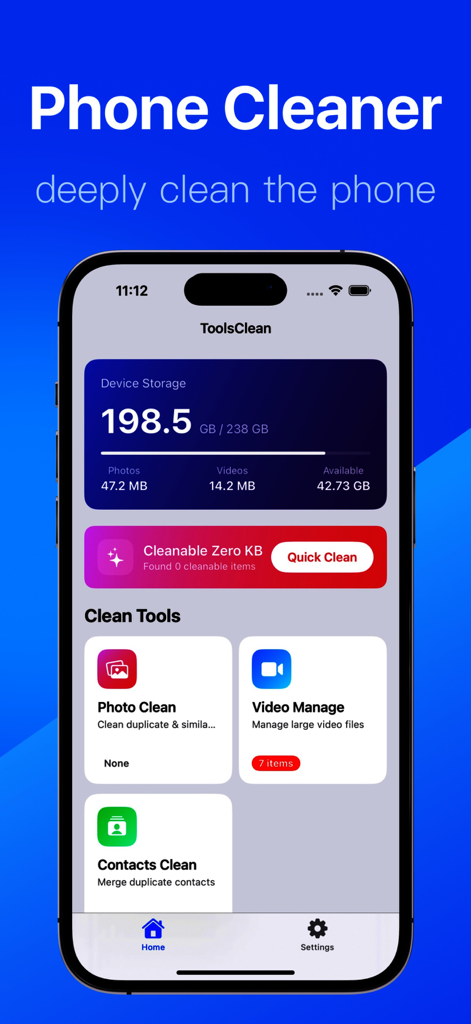 Phone Cleaner · 手机清理 - Cleaner - Interface of the Phone Cleaner app displaying device storage status and tools for cleaning photos, videos, and contacts.
