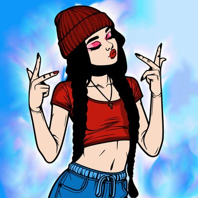 realistic teenage girl with braids and a beanie and crop top doing 🫶🏼