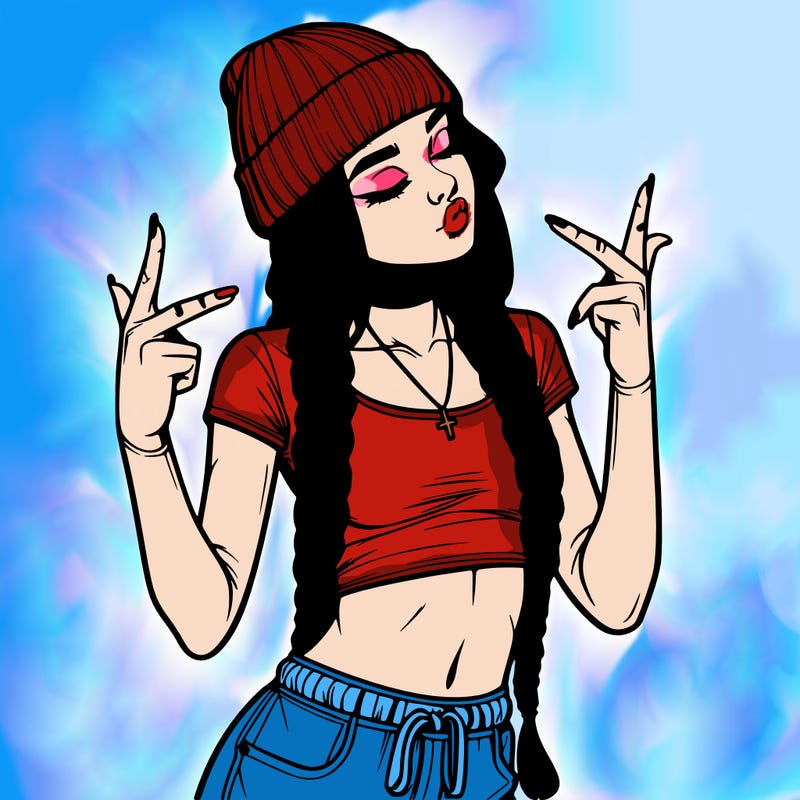 realistic teenage girl with braids and a beanie and crop top doing 🫶🏼