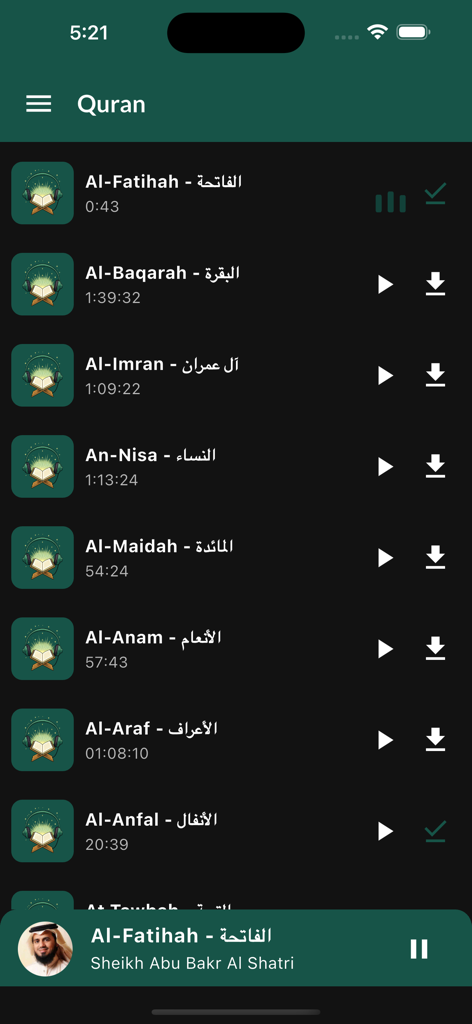 Mobile app screen showing a list of Quran chapters with play and download options for recitation by Abu Bakr Al Shatri