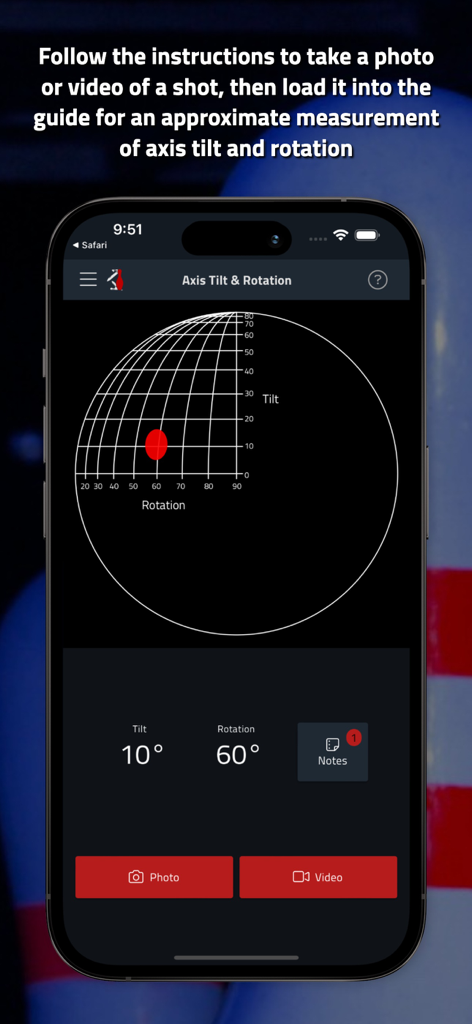 Tenpin Toolkit: Bowling Tools - Interface of Tenpin Toolkit showing a grid for measuring bowling ball axis tilt and rotation from a photo or video