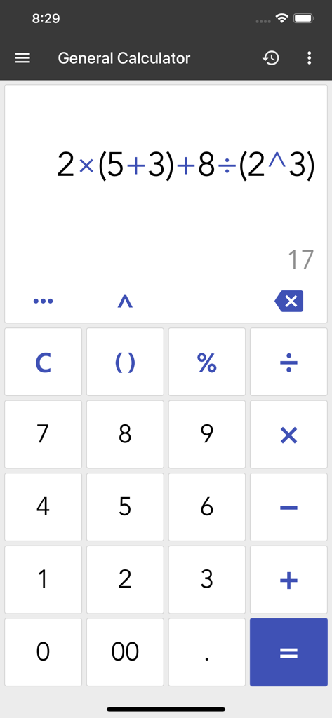 ClevCalc - Calculator - Interface da aplicação ClevCalc mostrando a calculadora geral com uma expressão matemática e o resultado