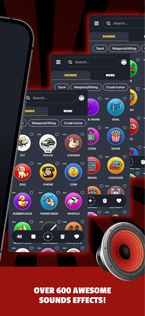 Sounds Effects by Whatsticker - Interface do aplicativo Efeitos Sonoros da Whatsticker mostrando uma biblioteca de sons engraçados e ícones como um carro de polícia, galinha e pato de borracha