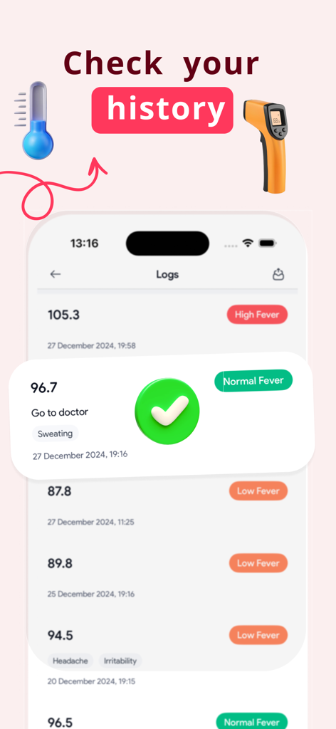 Una interfaz móvil de la aplicación Termómetro Temperatura Corporal plus que muestra una lista de lecturas de temperatura históricas y etiquetas de estado de fiebre.