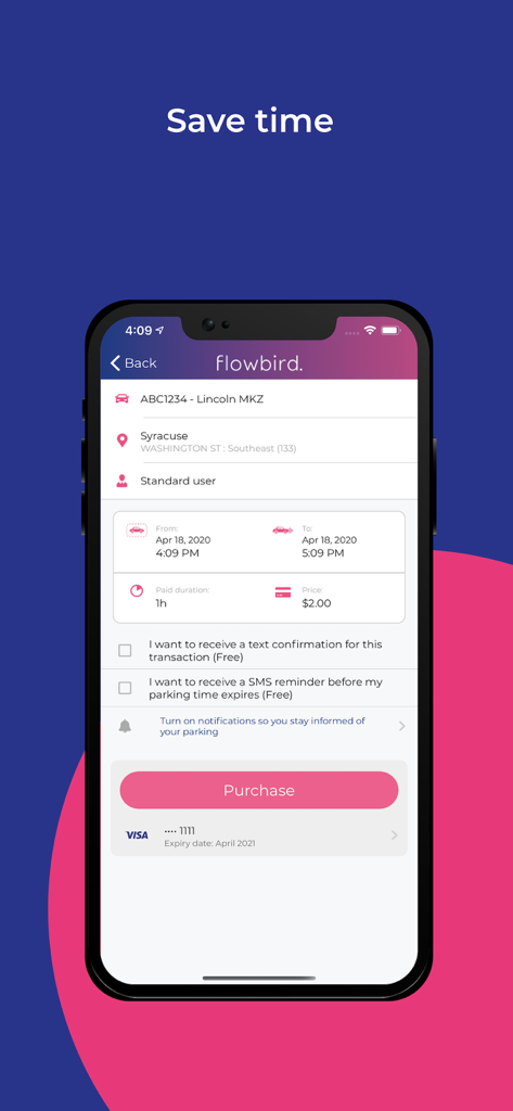 A smartphone screen displaying the Flowbird parking app checkout details and purchase button