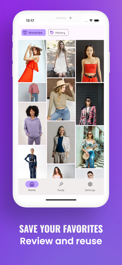 OutfitSwap: AI Clothes Changer - Oberfläche der OutfitSwap-App, die eine Sammlung gespeicherter Outfits in einem digitalen Garderoben-Raster zeigt