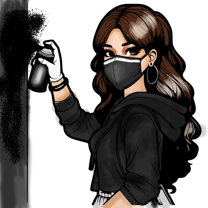 realistic girl with mask spray painting a wall