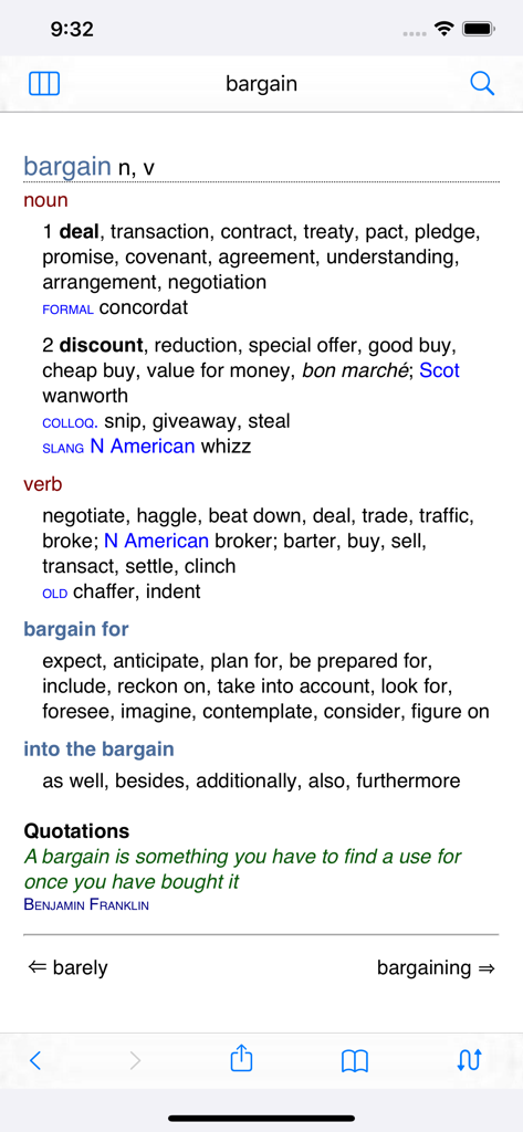 Chambers Thesaurus app showing word entry for bargain with synonyms and quotations