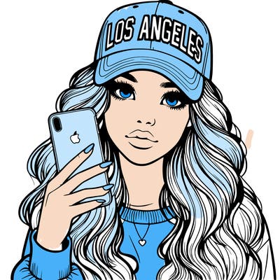 realistic beautiful girl wearing los ángeles cap holding an iphone