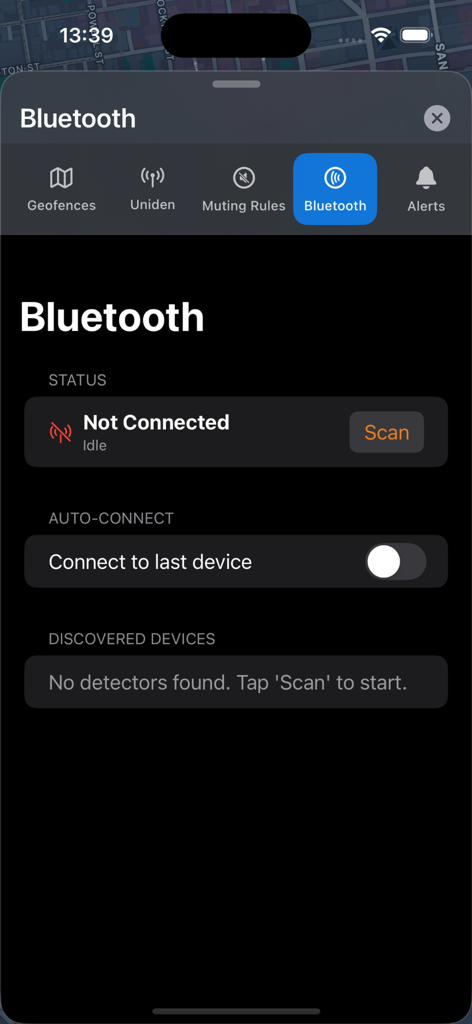 レーダー探知機のペアリングオプションとステータスを表示するDukes AppのBluetooth接続画面