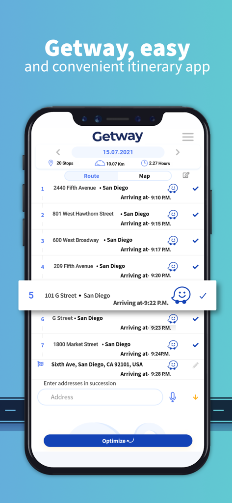 GetWay app interface showing an optimized itinerary with multiple stops and estimated arrival times