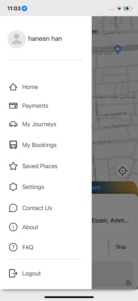 Menu de navigation latéral de l'application de transport Sayr by RAKTA