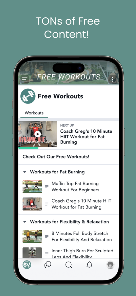 Tela do aplicativo Svelte mostrando uma biblioteca de vídeos de treino gratuitos em casa para queima de gordura e flexibilidade.