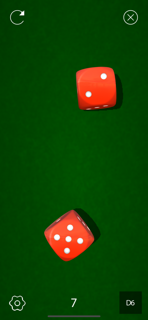 Nice Dice Roller 3D - Two red 3D dice on a green felt surface showing a total roll of seven