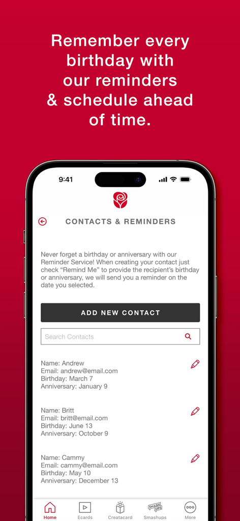 American Greetings Ecards - Smartphone screen showing the contacts and birthday reminders feature in the American Greetings Ecards app
