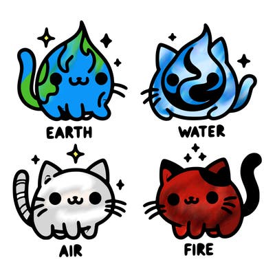 4 cats that represent the different elements, earth, water, air, and fire