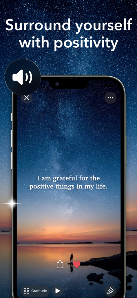 I am + AI Affirmations Widget - Smartphone mostrando una afirmación positiva sobre la gratitud sobre un hermoso fondo de cielo estrellado.